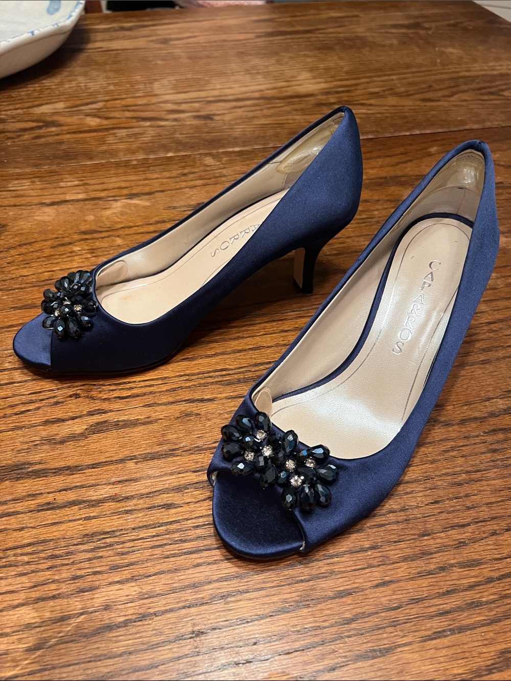 Caparros Marissa Navy Satin Peep-Toe Heels with Jewel Cluster